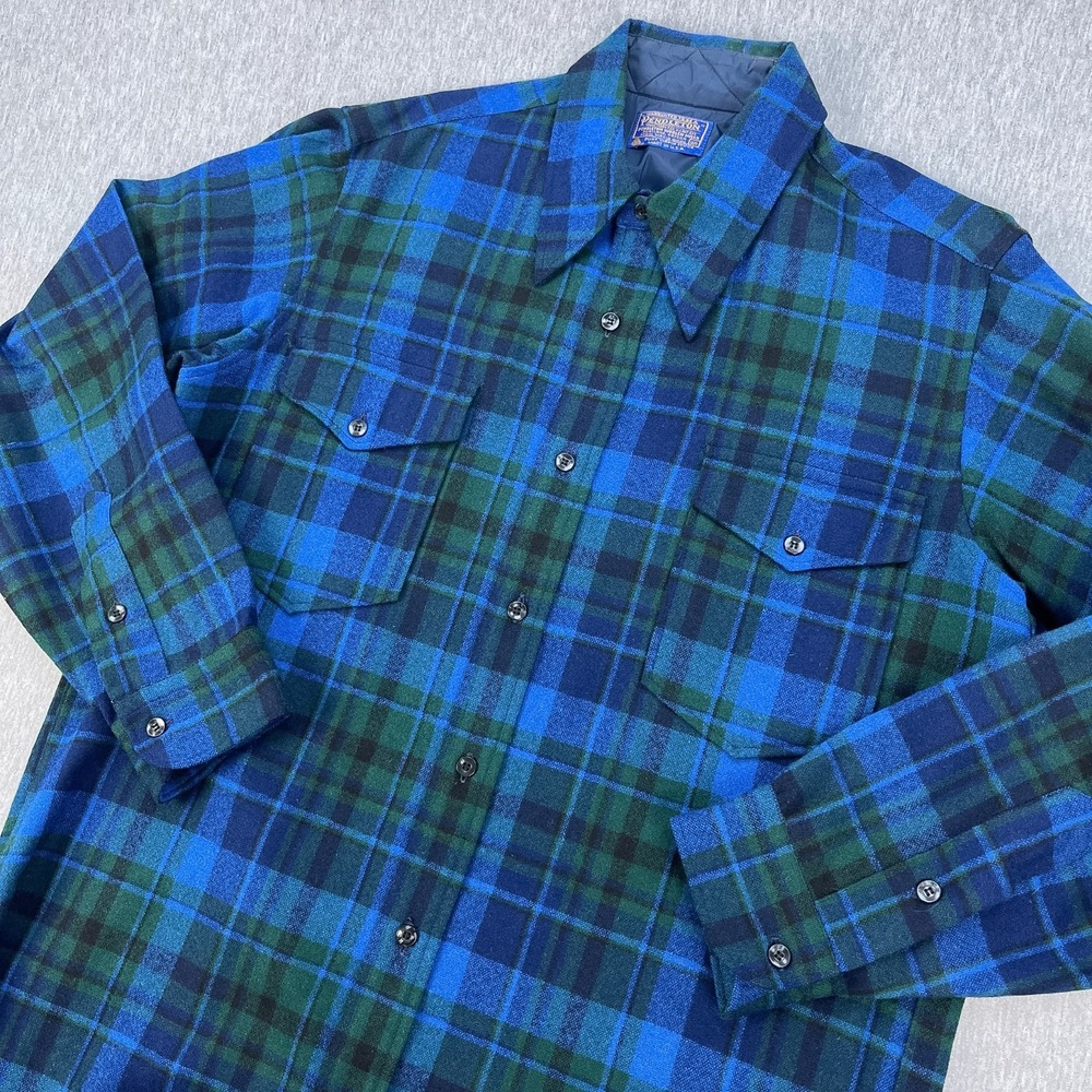 Vintage Pendleton Field Shirt Mens 16.5/L Blue Plaid Dagger Collar 70s Wool USA